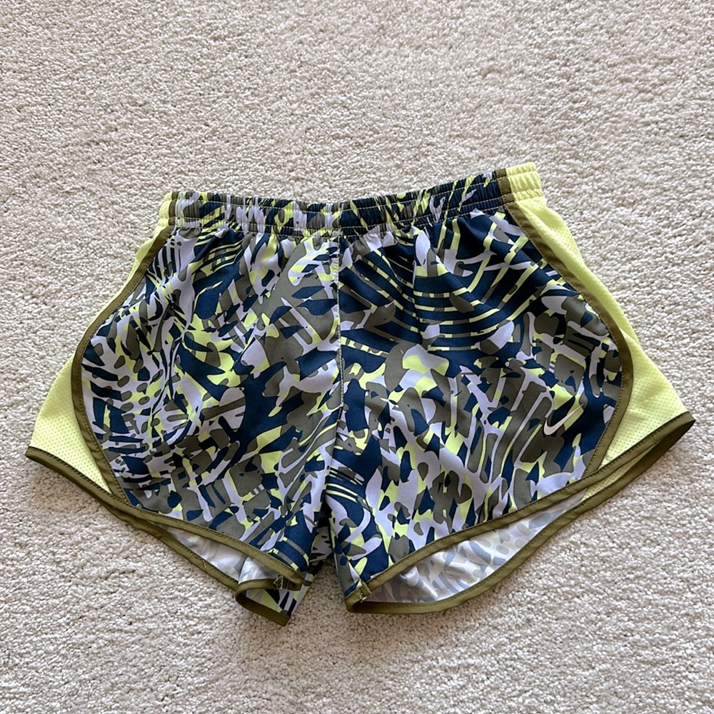 Nike Dri-Fit chartreuse green, gray, and navy running shorts size M